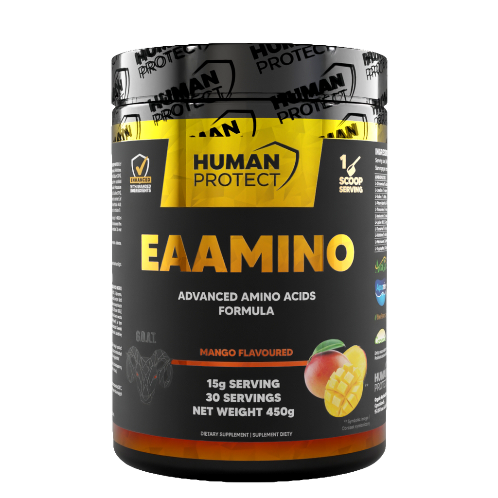 Human Protect EAAMINO 450 g Mango, Dose mit Etikett und Aufschrift „Mango Flavoured“