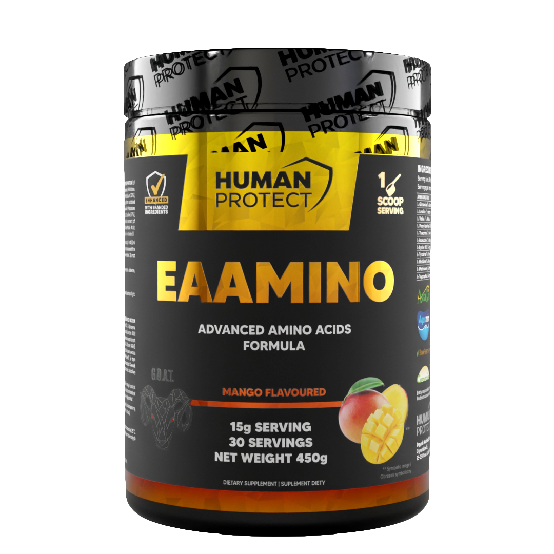 Human Protect EAAMINO 450 g Mango, Dose mit Etikett und Aufschrift „Mango Flavoured“