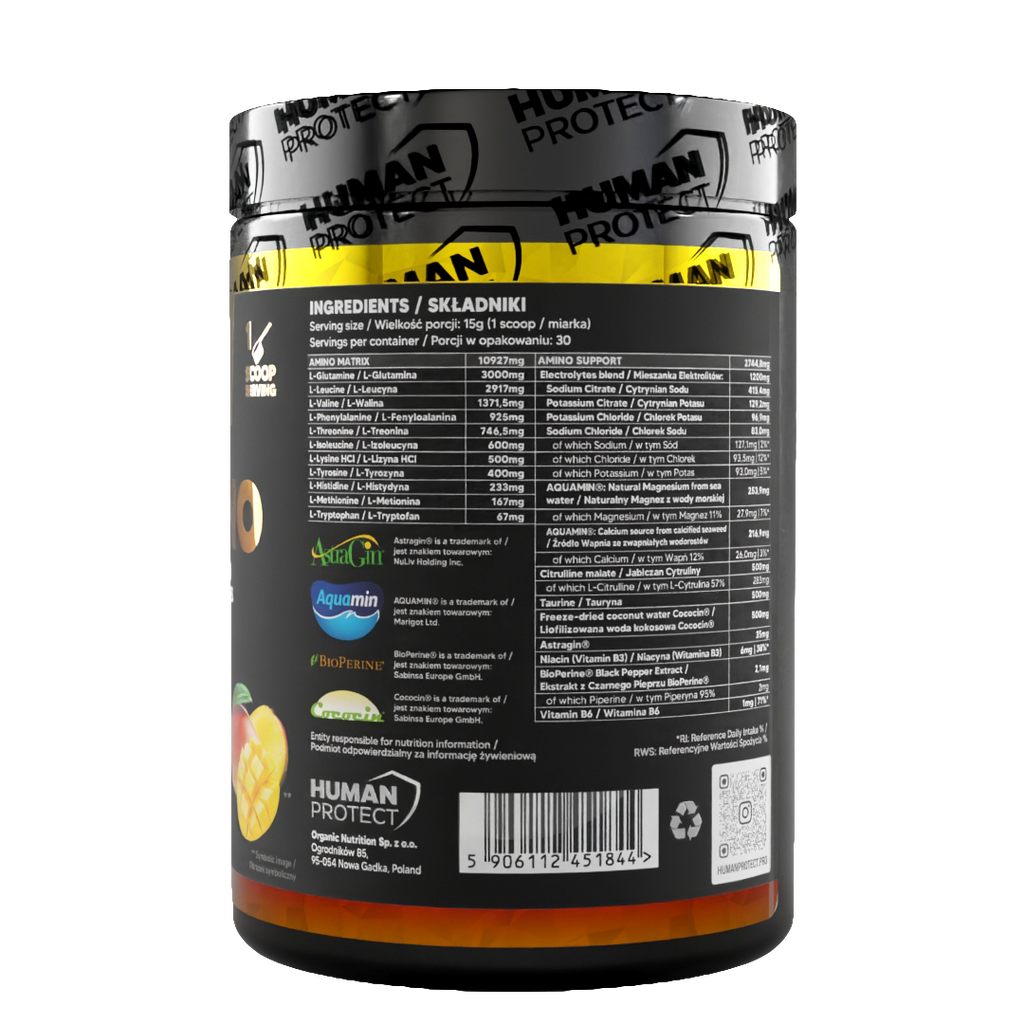 EAAMINO Mango Dose mit Zutatenliste und Barcode auf der Rückseite