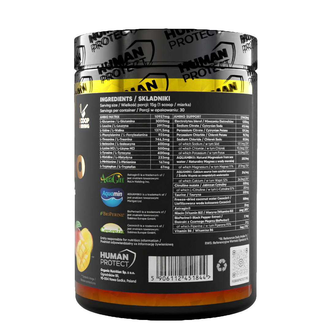 EAAMINO Mango Dose mit Zutatenliste und Barcode auf der Rückseite
