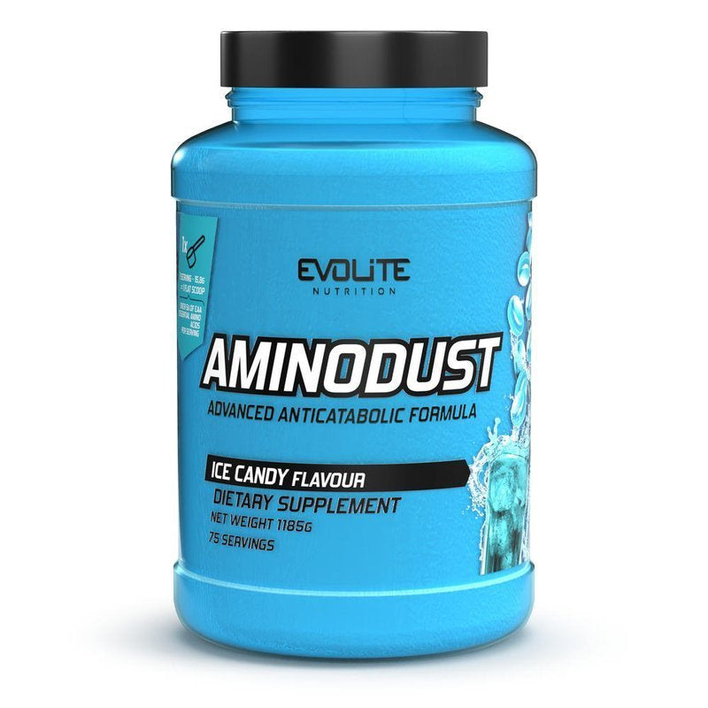 AminoDust 1185 g tub label: Ice Candy flavor, 75 servings, black lid