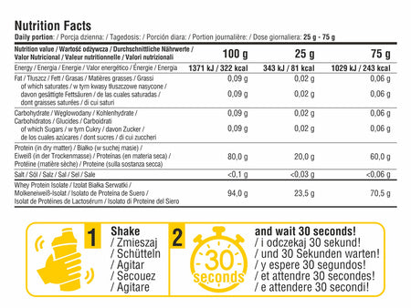 Nutrition facts for Clear Whey Isolate 900 g with 30-second shake directions