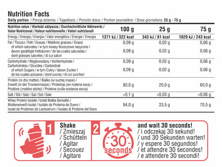 Nutrition facts panel with serving sizes and mixing instructions for Clear Whey Isolate
