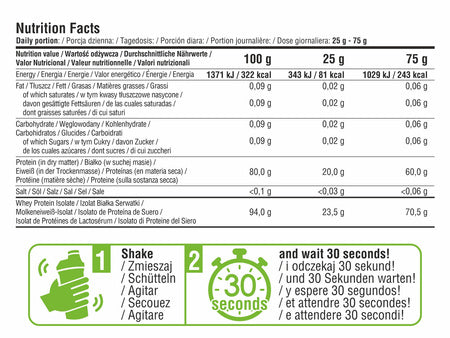 Nutrition facts panel and shake instructions for Clear Whey Isolate 900g