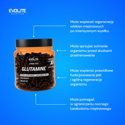 Evolite Glutamin-Kapsel Dose mit Infografik zu möglicher Unterstützung
