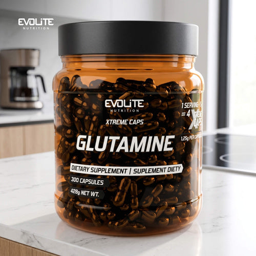 Evolite Glutamin Xtreme Dose mit schwarzem Deckel und orangem Etikett