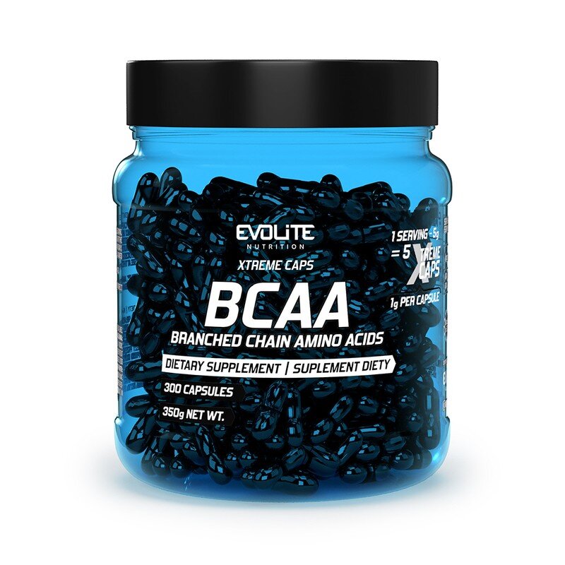 BCAA-Kapseln in blauer Dose mit schwarzem Deckel, 300 Kapseln