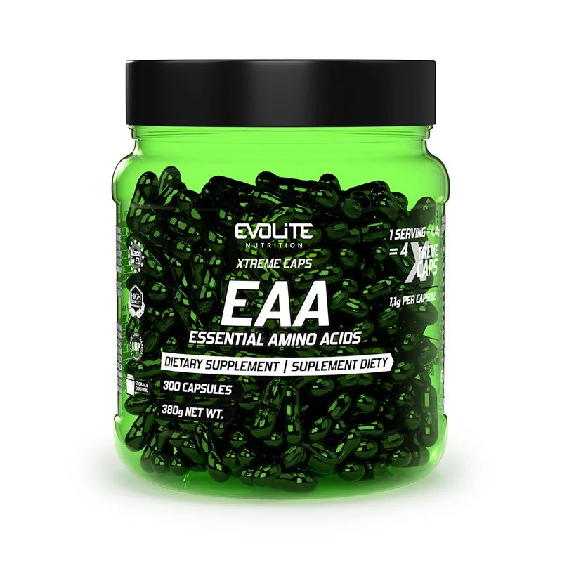 Evolite Nutrition EAA-Ergänzungskapseln Dose, grün mit schwarzem Deckel und EAA-Aufdruck