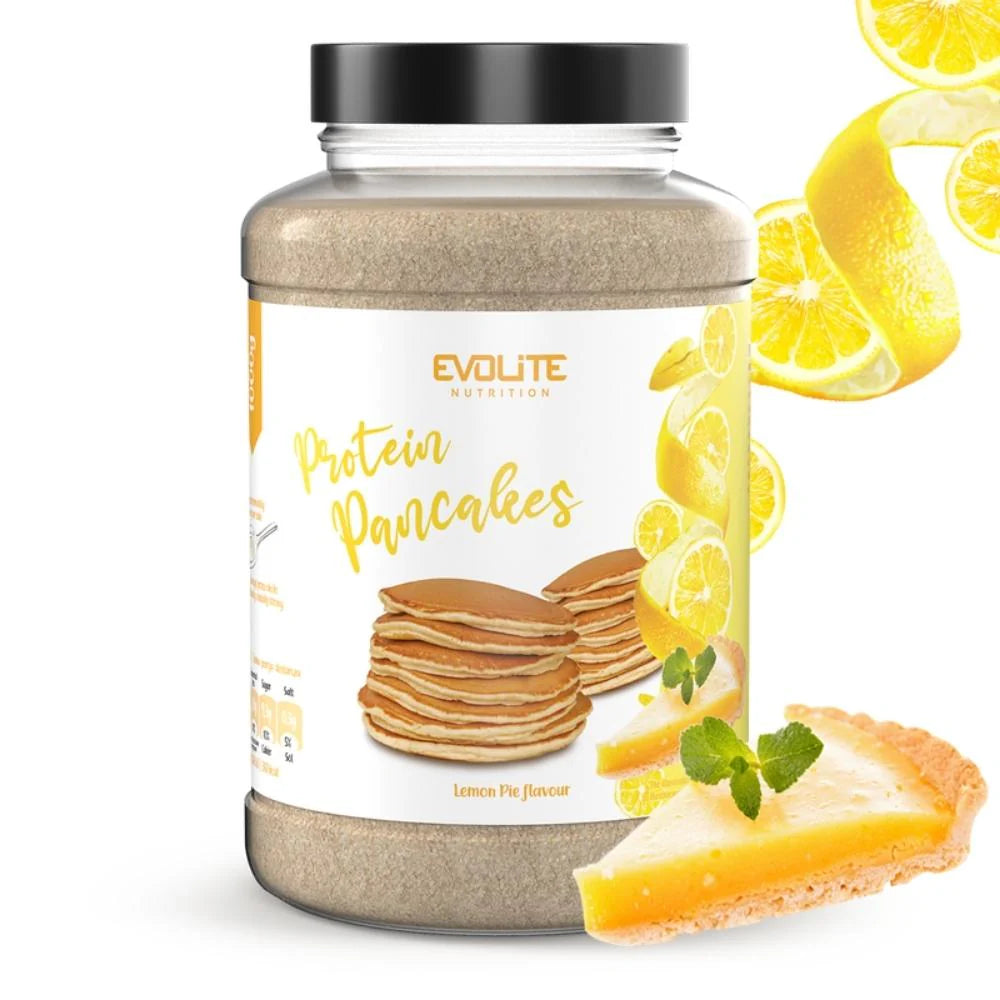 Protein Pancakes 1000 g Lemon Pie Dose mit Zitronenmotiv und Pfannkuchenstapel