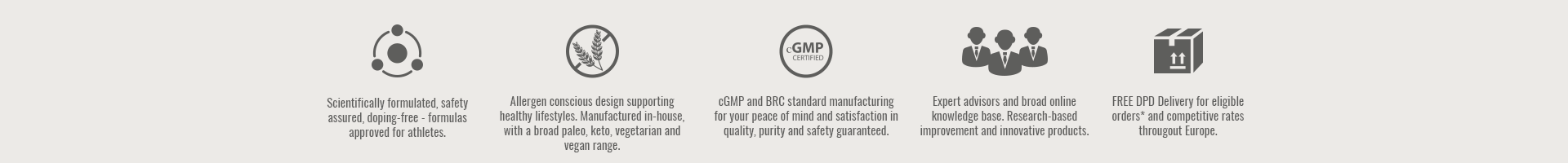 Certification and quality icons strip for BCAA Glutamine & Vitamin D supplement