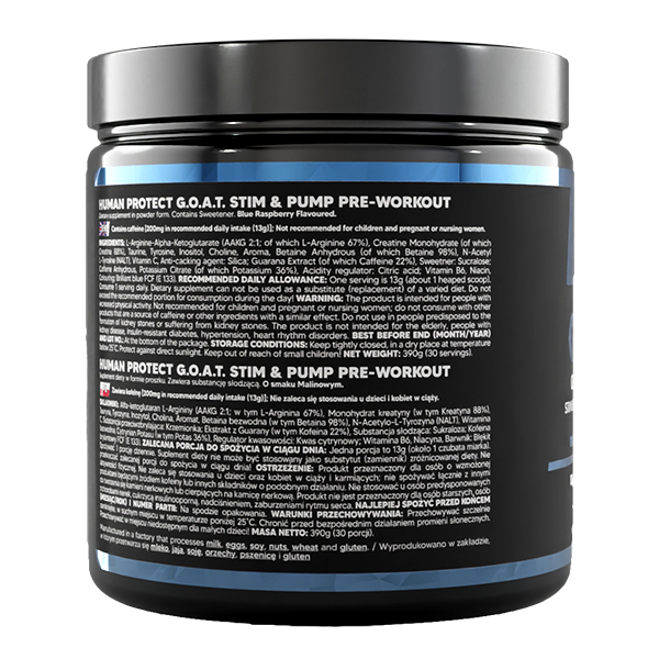 Back label on G.O.A.T Blue Raspberry pre-workout tub with serving directions