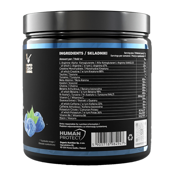 Ingredients panel and barcode on G.O.A.T Blue Raspberry pre-workout tub