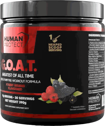 Human Protect G.O.A.T. 390g tub, black/red label with forest berries