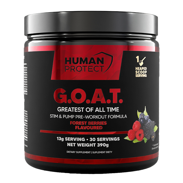 G.O.A.T. forest berries stim & pump pre-workout, black tub with red front label