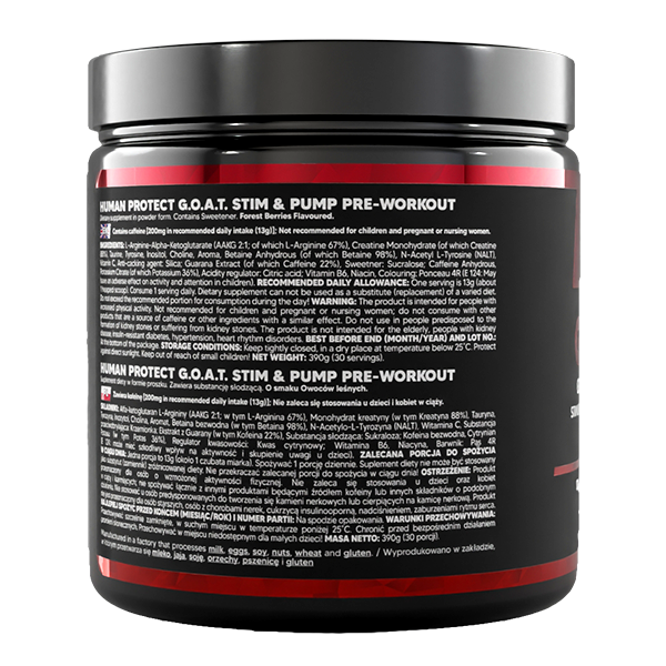 Back label of G.O.A.T. pre-workout tub with nutrition and serving info