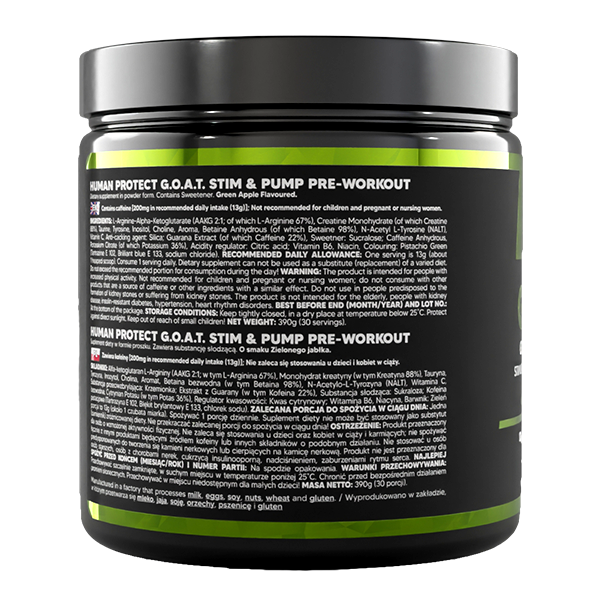 G.O.A.T. 390g Pre-Workout Jar, Rückseite mit Inhaltsstoffen und Nährwertangaben