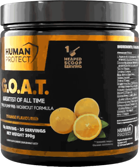 G.O.A.T. 390g pre-workout tub, orange flavour label with orange slices