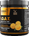 G.O.A.T. 390g pre-workout tub, orange flavour label with orange slices