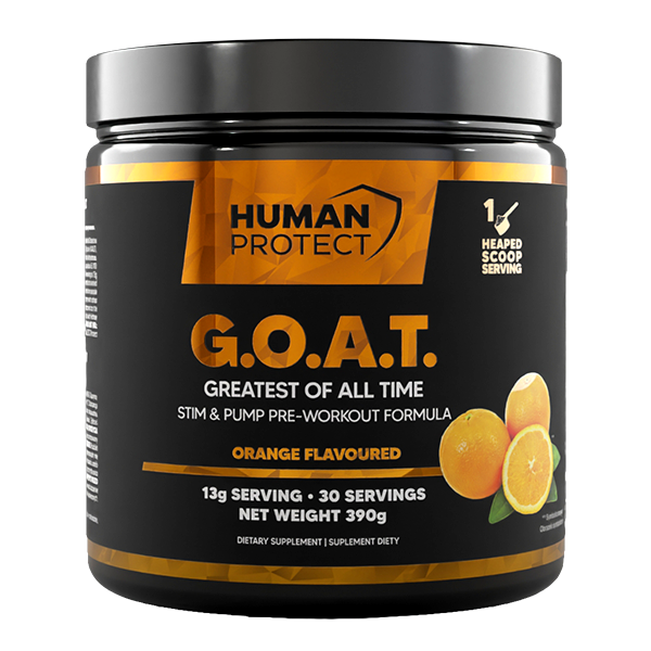 Orange-flavoured G.O.A.T. 390g pre-workout supplement tub, front label