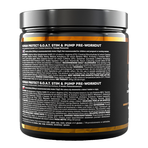 G.O.A.T. 390g pre-workout tub, back panel with nutrition and supplement facts