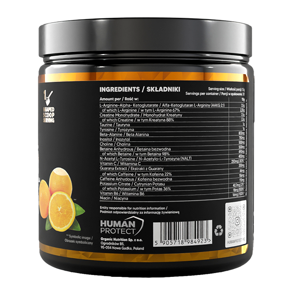 G.O.A.T. 390g pre-workout tub, ingredients panel with barcode and orange slices