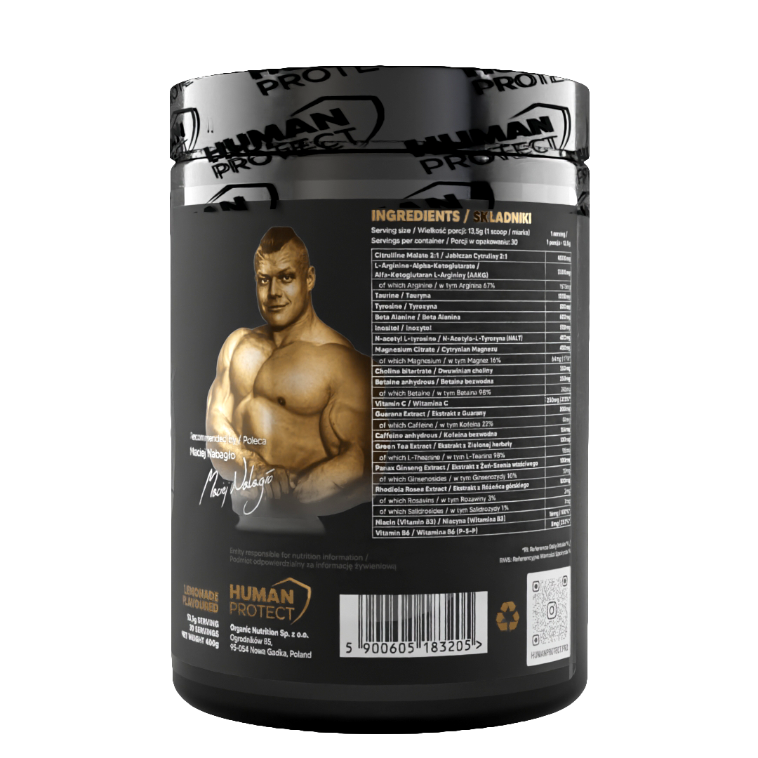 Human Protect G.O.A.T 400g Lemonade tub, back label ingredients panel and barcode