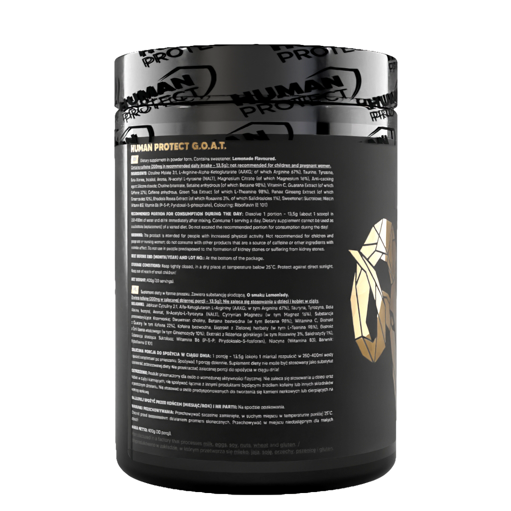 Human Protect G.O.A.T 400g Lemonade tub, side text with usage and nutrition details