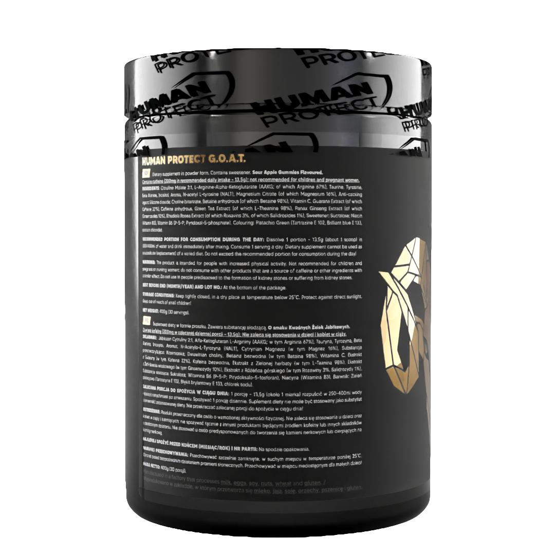 Back of G.O.A.T Sour Apple gummies supplement tub with usage and ingredients text