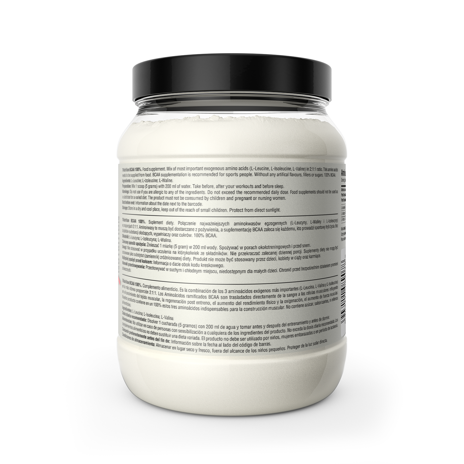 7Nutrition BCAA 500-g Dose mit Rücketikett, schwarzer Deckel