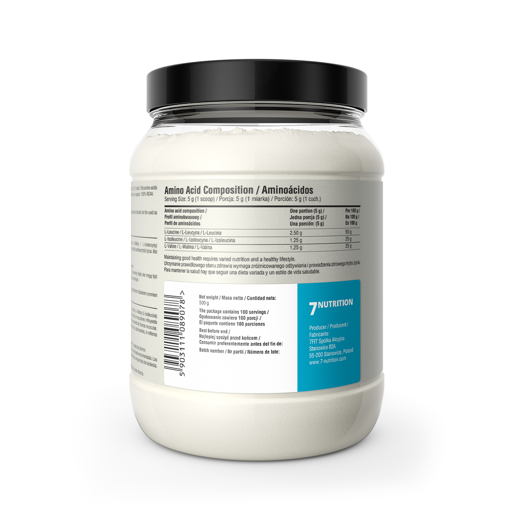 7Nutrition BCAA 500-g Dose mit Rückseitenetikett und Aminosäureangaben