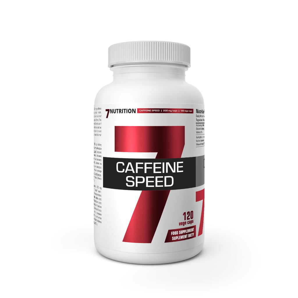 Caffeine Speed 120 Kapseln Flasche – Rückansicht mit rotem 7-Design und 120 Kapseln
