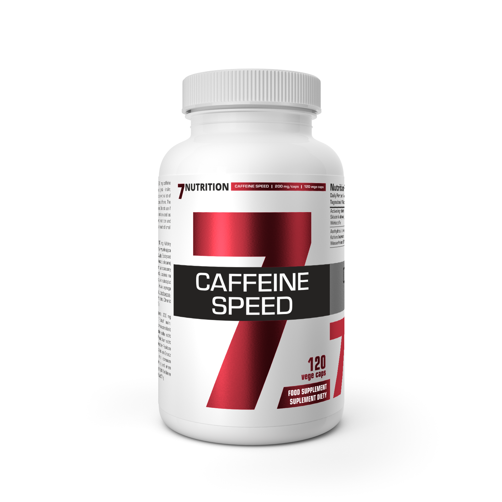 Caffeine Speed 120 Kapseln Flasche – Rückansicht mit rotem 7-Design und 120 Kapseln
