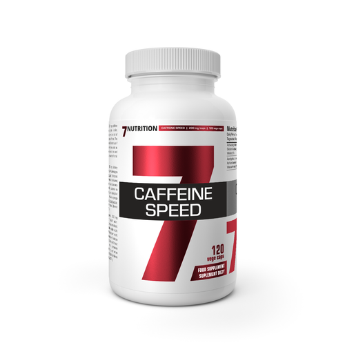 Caffeine Speed 120 Kapseln Flasche – Rückansicht mit rotem 7-Design und 120 Kapseln