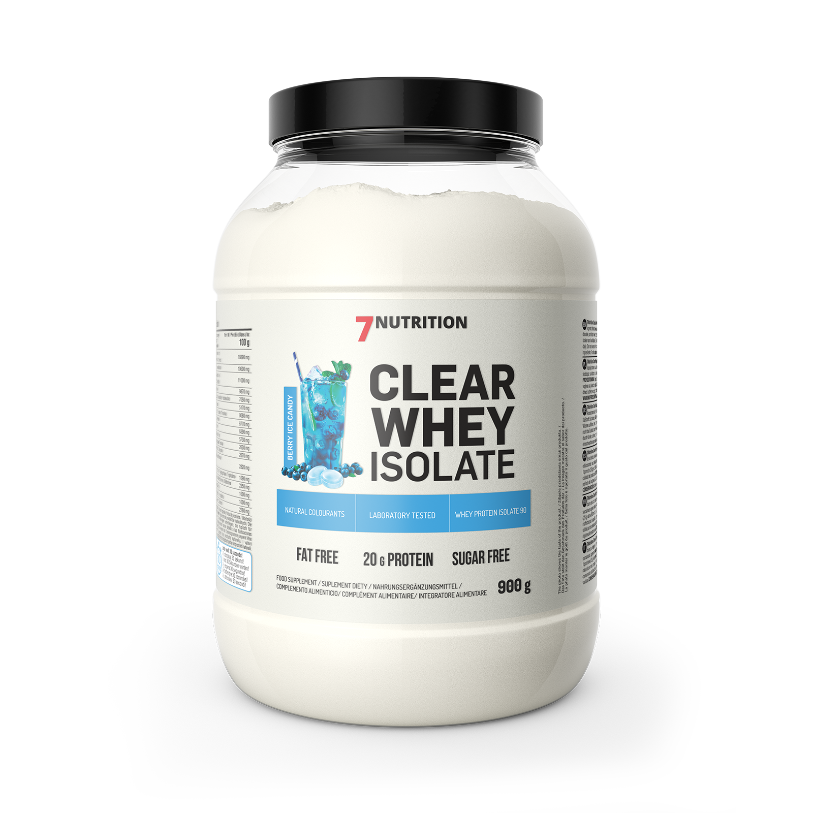 Clear Whey Isolate 900 g jar, Berry Ice Candy flavor; 20 g protein, sugar free.