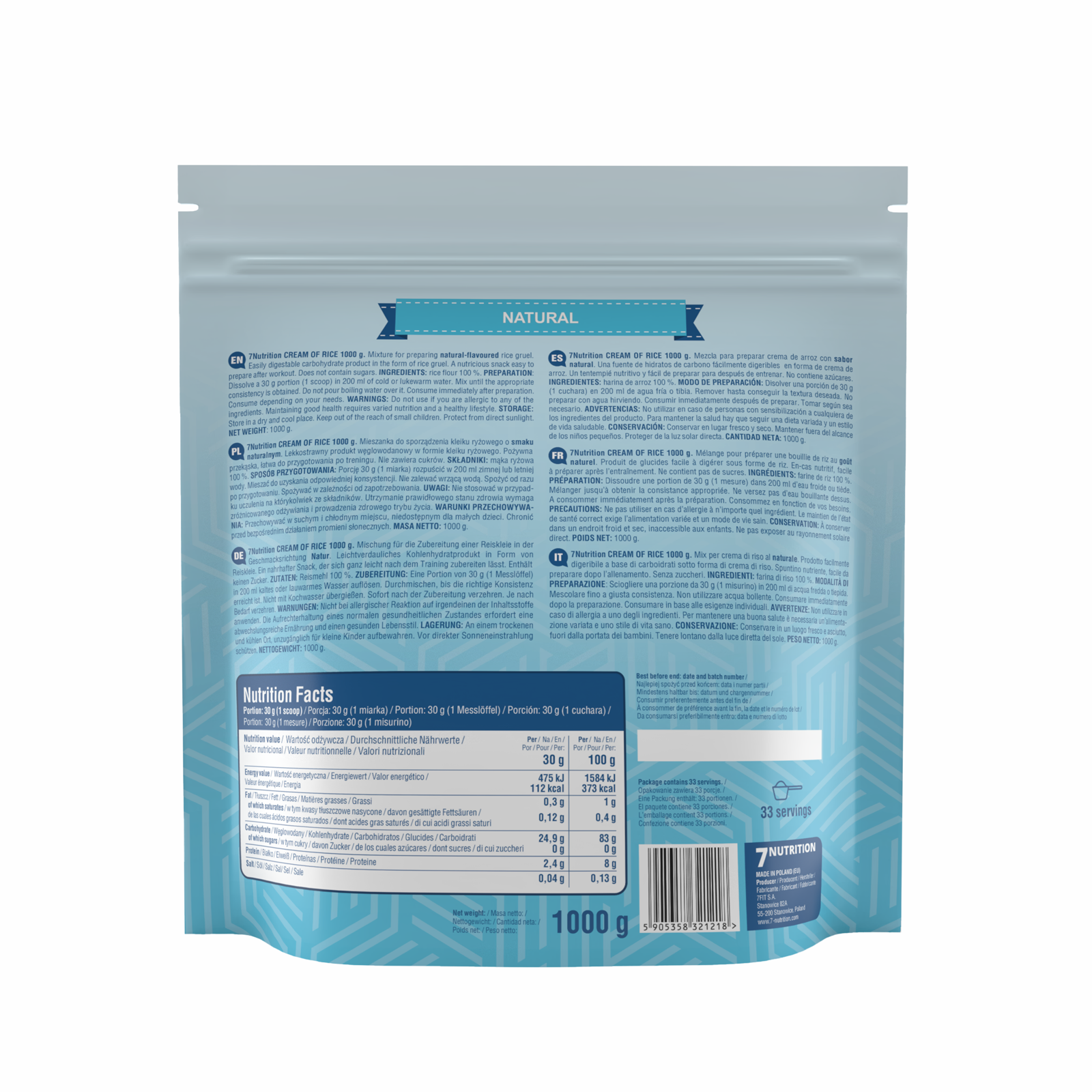 Back of Natural rice cream pouch, 1000 g, with ingredient and nutrition panel