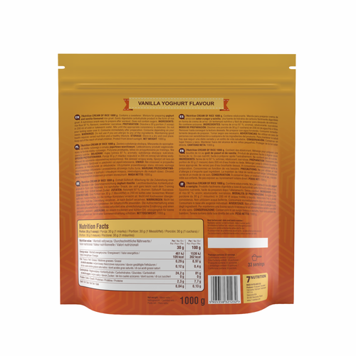Back label of 1000g cream of rice pouch, vanilla yogurt flavor, ingredients