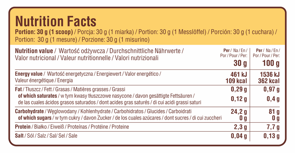 Nutrition Facts panel for vanilla yogurt cream of rice, per 30g and 100g