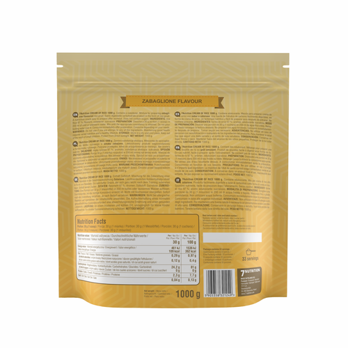 Back of 7Nutrition Cream of Rice pouch, Zabaglione flavour, 1000g