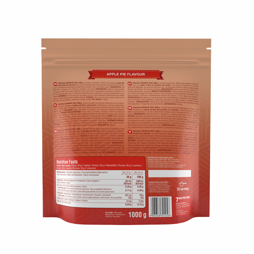 1000 g apple pie cream of rice pouch, back label with nutrition facts