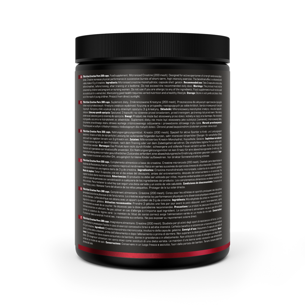 Creatine Pure 300 Kapseln, Rückseite der Dose mit Inhaltsangaben
