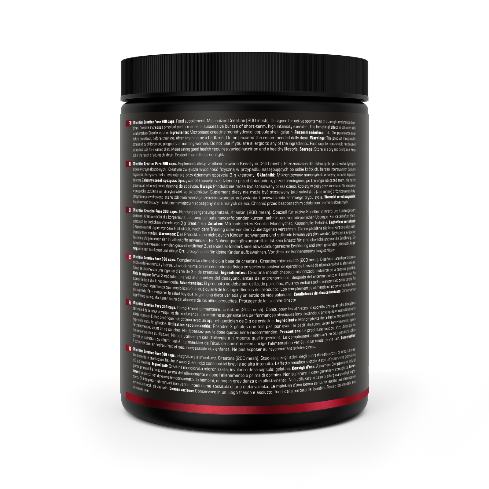 Creatine Pure 300 Kapseln, Rückseite der Dose mit Inhaltsangaben