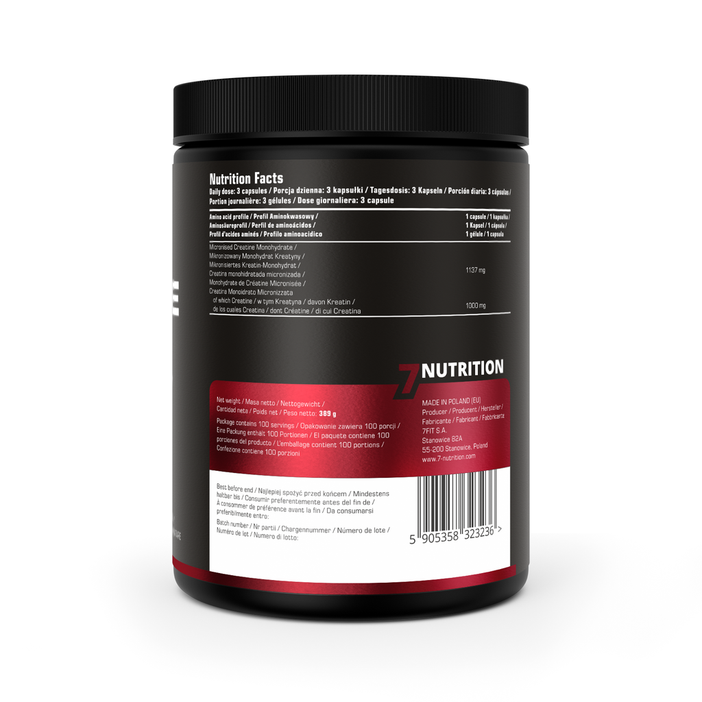 Creatine Pure 300 Kapseln, Etikett mit Nutrition Facts und Herstellerangaben