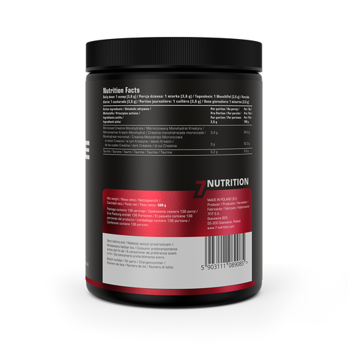 7Nutrition Creatine Monohydrate 500g back label with nutrition facts and barcode
