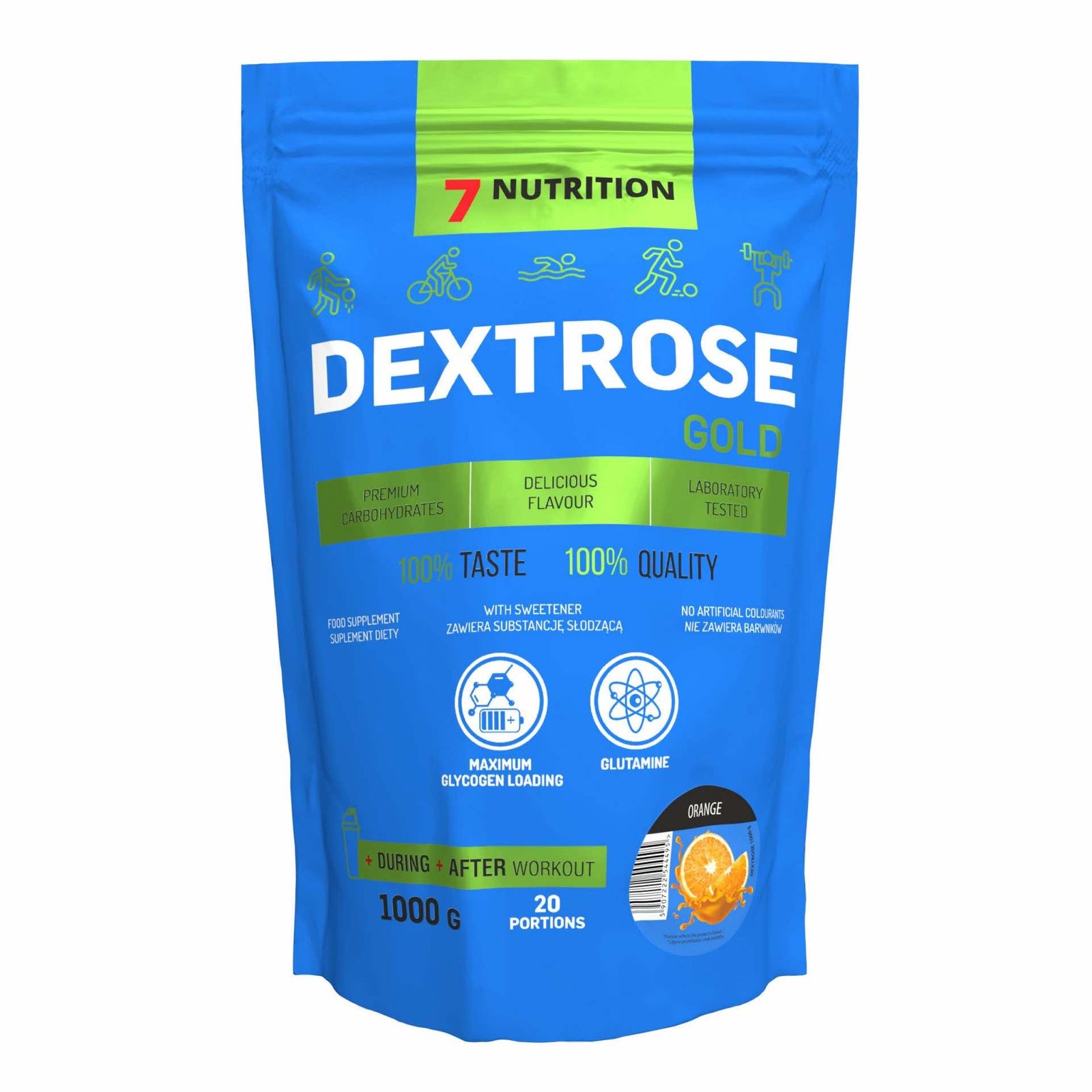 7Nutrition Dextrose Gold supplement bag, orange flavor, 1000 g