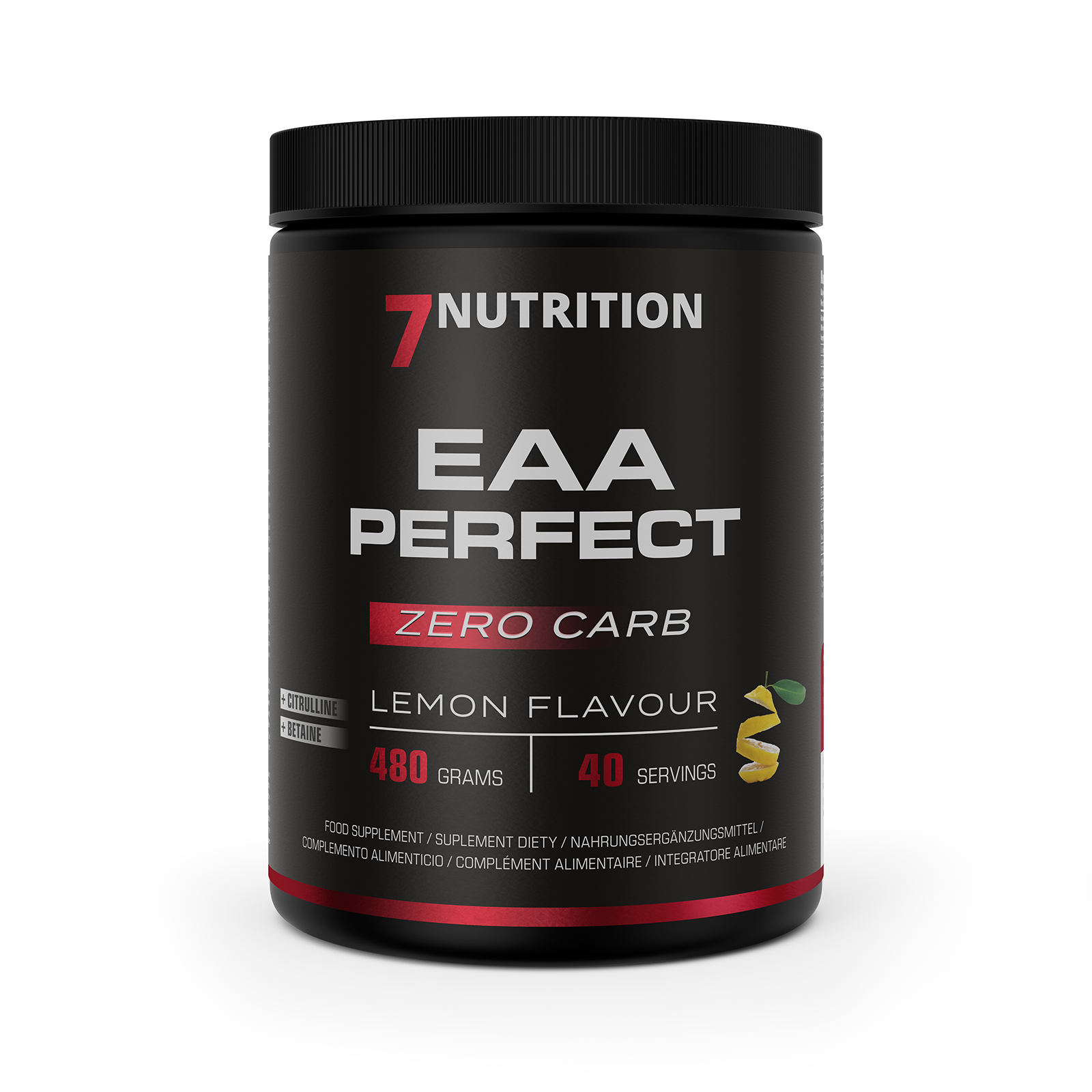 EAA-Pulverdose mit schwarzem Deckel und Aufdruck „EAA Perfect“ sowie „Zero Carb“ und „Lemon“.
