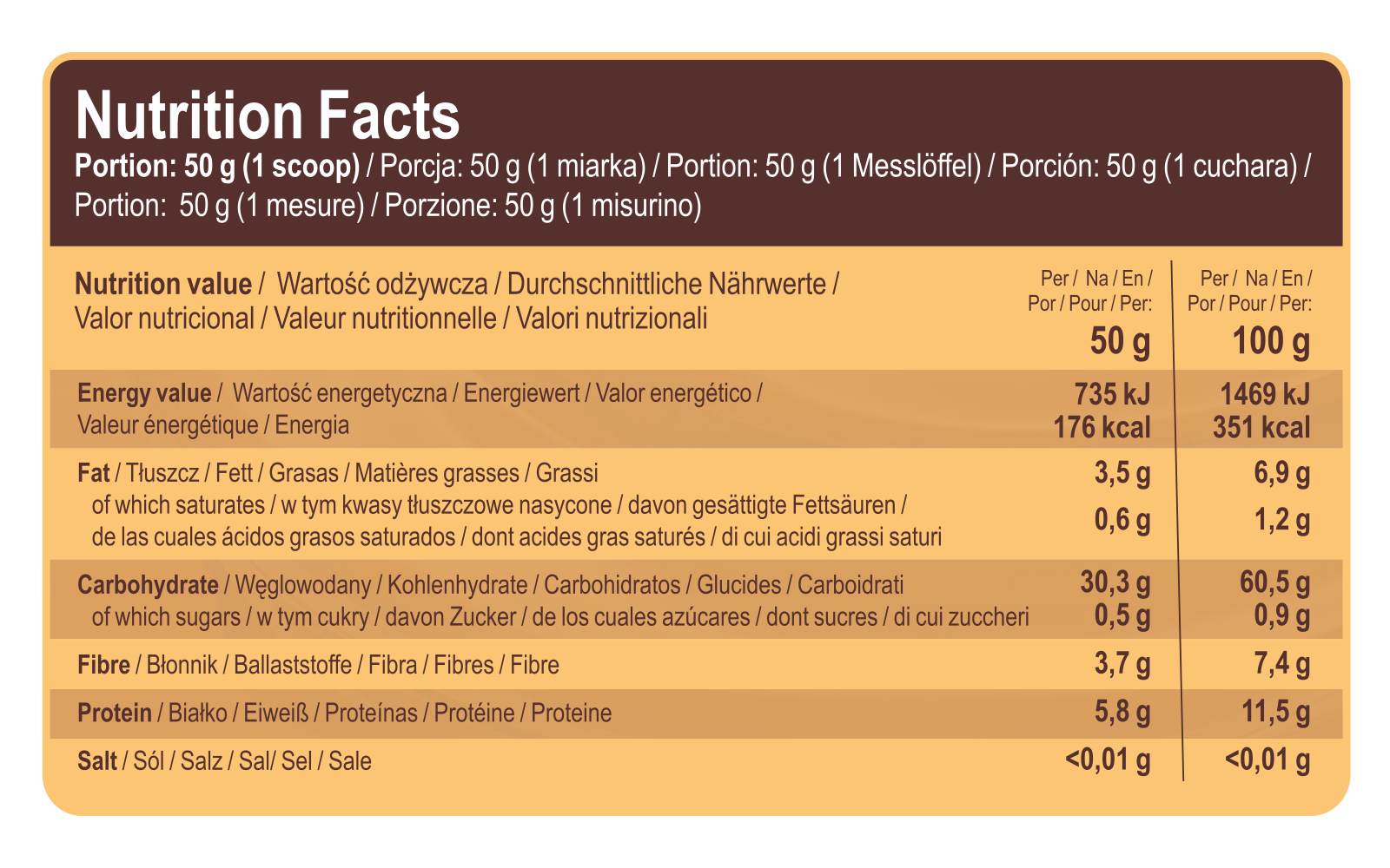 Nährwerte-Tabelle Instant Oats Schokolade-Walnuss, Portion 50 g, 1000 g