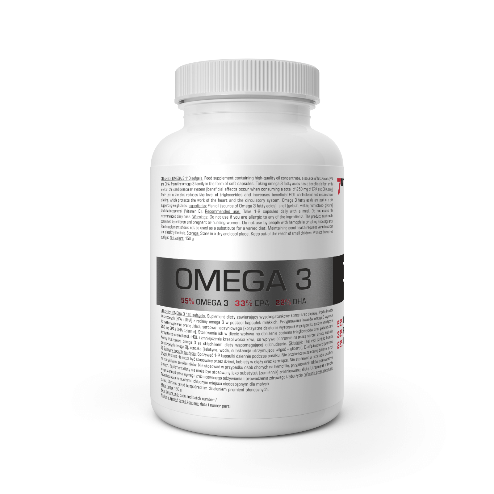 Omega-3-Fischöl Dose von 7Nutrition mit Produktbeschreibung und „Omega 3“