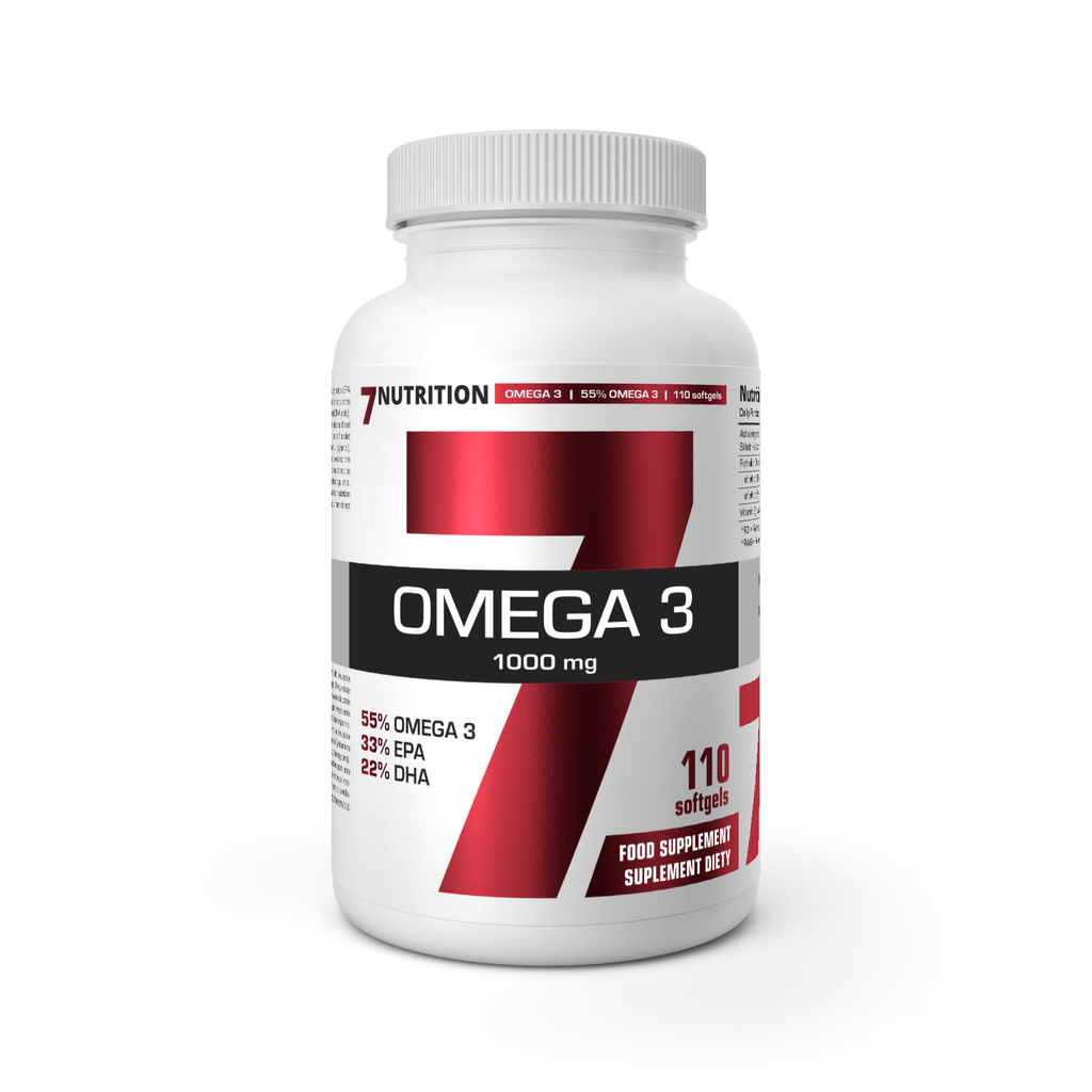 Omega-3-Fischöl Dose von 7Nutrition mit rotem „Omega 3“ Frontetikett