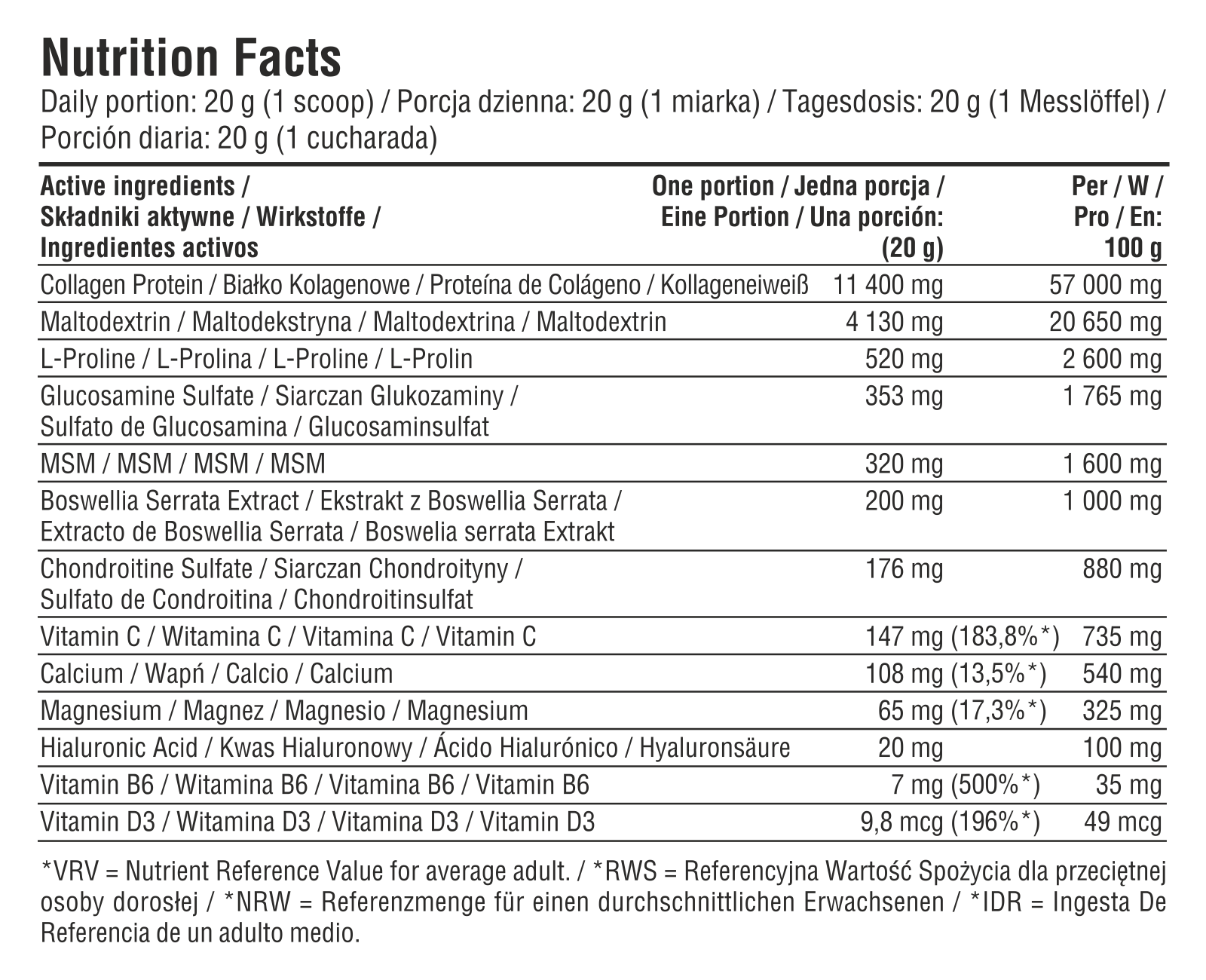 Steel Joints Drink 450g lemon-flavour close-up of Nutrition Facts/ingredients