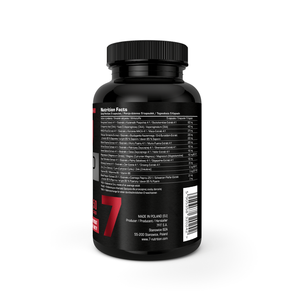 Rückseite der 7Nutrition Volcano 150 Kapseldose mit Nährwerttabelle und Barcode